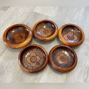 Vintage 2 Tone Wood Salad Bowls Hand Carved Flowers 5 Bowls
